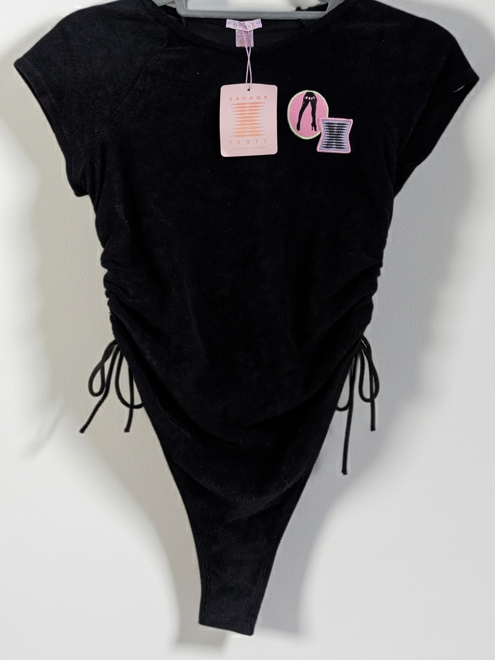 Savage X Fenty Black Ruched Bodysuit with Pink Patch